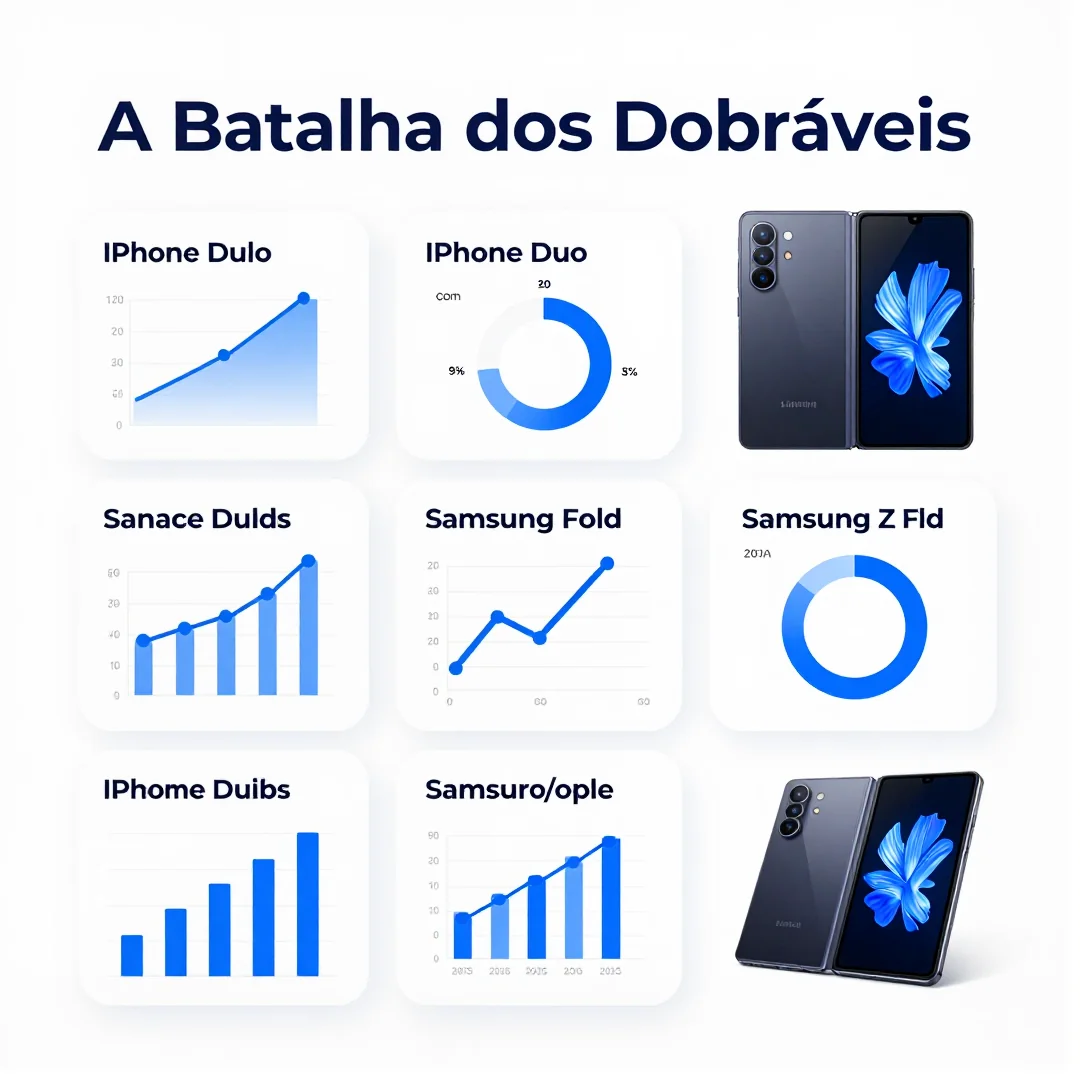 Infográfico - A Batalha dos Dobráveis: iPhone Duo Confronta Samsung Z Fold 8 no Mercado Global