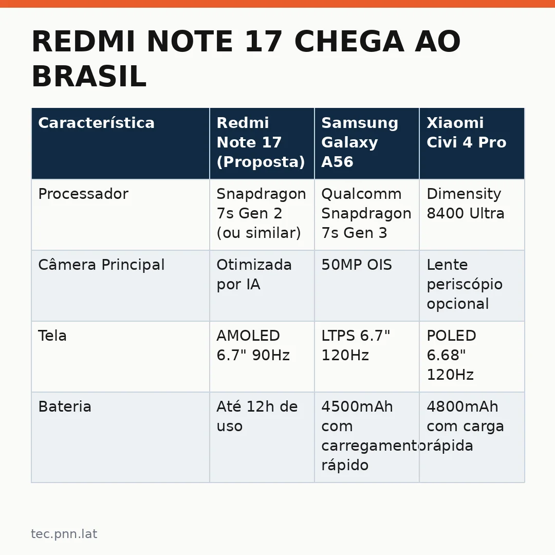 Infográfico - Redmi Note 17 chega ao Brasil: análise completa das especificações e posicionamento de mercado